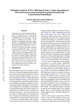 PublishInCovid19 at WNUT 2020 Shared Task-1: Entity Recognition in Wet
  Lab Protocols using Structured Learning Ensemble and Contextualised
  Embeddings