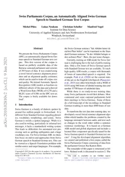 Swiss Parliaments Corpus, an Automatically Aligned Swiss German Speech
  to Standard German Text Corpus