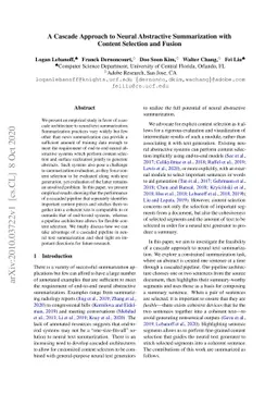 A Cascade Approach to Neural Abstractive Summarization with Content
  Selection and Fusion