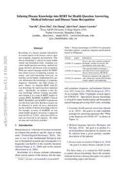Infusing Disease Knowledge into BERT for Health Question Answering,
  Medical Inference and Disease Name Recognition