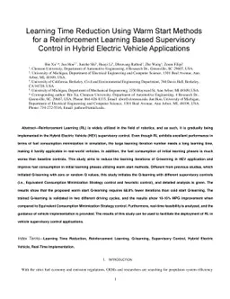 Learning Time Reduction Using Warm Start Methods for a Reinforcement
  Learning Based Supervisory Control in Hybrid Electric Vehicle Applications