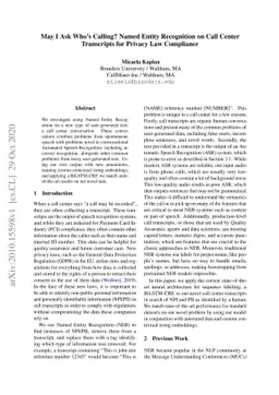 May I Ask Who's Calling? Named Entity Recognition on Call Center
  Transcripts for Privacy Law Compliance