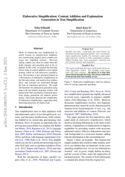 Elaborative Simplification: Content Addition and Explanation Generation
  in Text Simplification