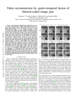 Video Reconstruction by Spatio-Temporal Fusion of Blurred-Coded Image
  Pair
