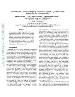 On Finite and Unrestricted Query Entailment beyond SQ with Number
  Restrictions on Transitive Roles