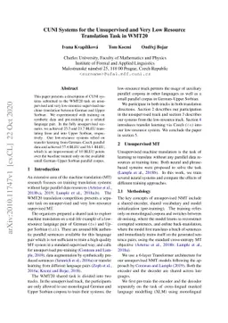 CUNI Systems for the Unsupervised and Very Low Resource Translation Task
  in WMT20