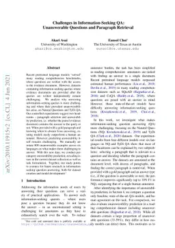 Challenges in Information-Seeking QA: Unanswerable Questions and
  Paragraph Retrieval
