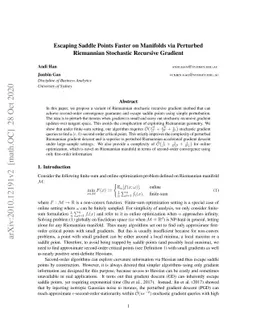 Escape saddle points faster on manifolds via perturbed Riemannian
  stochastic recursive gradient