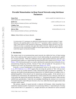 Provable Memorization via Deep Neural Networks using Sub-linear
  Parameters