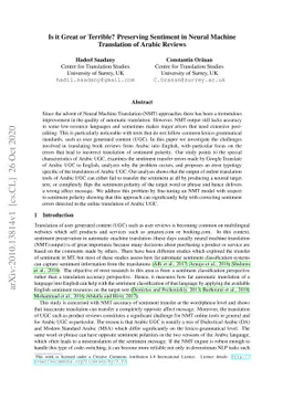 Is it Great or Terrible? Preserving Sentiment in Neural Machine
  Translation of Arabic Reviews