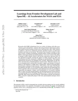 Learnings from Frontier Development Lab and SpaceML -- AI Accelerators
  for NASA and ESA