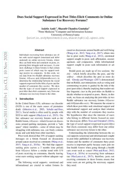 Does Social Support Expressed in Post Titles Elicit Comments in Online
  Substance Use Recovery Forums?
