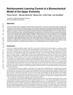 Reinforcement Learning Control of a Biomechanical Model of the Upper
  Extremity