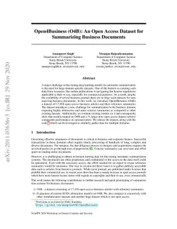 Open4Business(O4B): An Open Access Dataset for Summarizing Business
  Documents