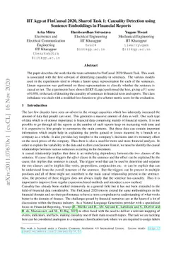 IIT_kgp at FinCausal 2020, Shared Task 1: Causality Detection using
  Sentence Embeddings in Financial Reports