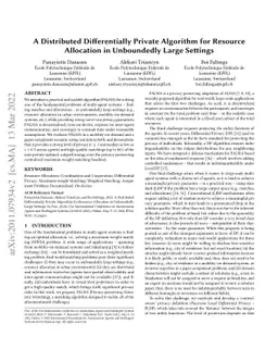A Distributed Differentially Private Algorithm for Resource Allocation
  in Unboundedly Large Settings