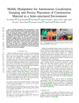 Mobile Manipulator for Autonomous Localization, Grasping and Precise
  Placement of Construction Material in a Semi-structured Environment
