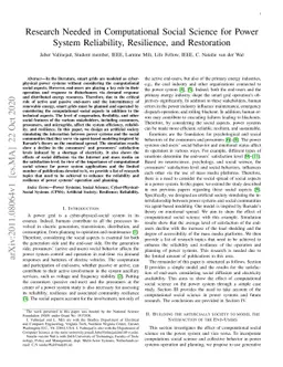 Research Needed in Computational Social Science for Power System
  Reliability, Resilience, and Restoration