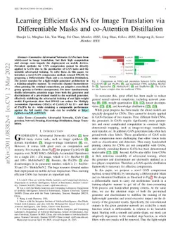 Learning Efficient GANs for Image Translation via Differentiable Masks
  and co-Attention Distillation