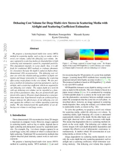 Dehazing Cost Volume for Deep Multi-view Stereo in Scattering Media with
  Airlight and Scattering Coefficient Estimation