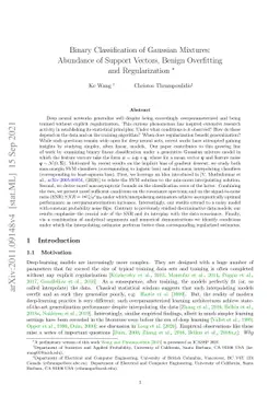 Binary Classification of Gaussian Mixtures: Abundance of Support
  Vectors, Benign Overfitting and Regularization