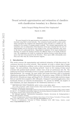 Neural network approximation and estimation of classifiers with
  classification boundary in a Barron class