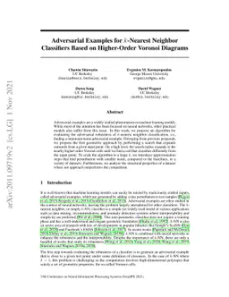 Adversarial Examples for $k$-Nearest Neighbor Classifiers Based on
  Higher-Order Voronoi Diagrams