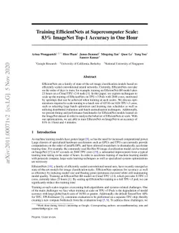 Training EfficientNets at Supercomputer Scale: 83% ImageNet Top-1
  Accuracy in One Hour