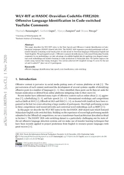 WLV-RIT at HASOC-Dravidian-CodeMix-FIRE2020: Offensive Language
  Identification in Code-switched YouTube Comments