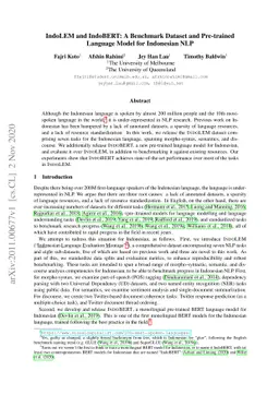 IndoLEM and IndoBERT: A Benchmark Dataset and Pre-trained Language Model
  for Indonesian NLP