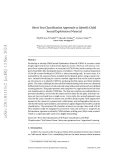 Short Text Classification Approach to Identify Child Sexual Exploitation
  Material