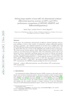 Solving large number of non-stiff, low-dimensional ordinary differential
  equation systems on GPUs and CPUs: performance comparisons of MPGOS, ODEINT
  and DifferentialEquations.jl