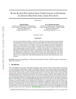 Rank Based Pseudoinverse Computation in Extreme Learning Machine for
  Large Datasets