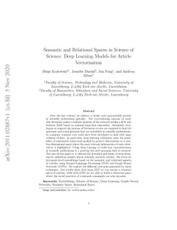 Semantic and Relational Spaces in Science of Science: Deep Learning
  Models for Article Vectorisation