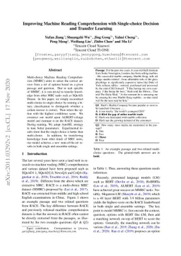 Improving Machine Reading Comprehension with Single-choice Decision and
  Transfer Learning
