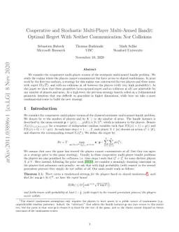 Cooperative and Stochastic Multi-Player Multi-Armed Bandit: Optimal
  Regret With Neither Communication Nor Collisions