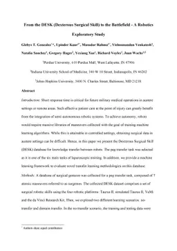 From the DESK (Dexterous Surgical Skill) to the Battlefield -- A
  Robotics Exploratory Study