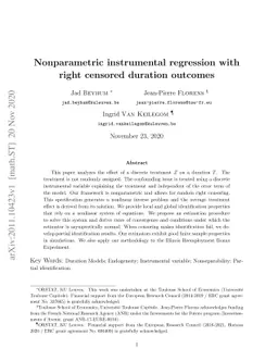 Nonparametric instrumental regression with right censored duration
  outcomes