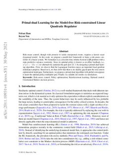 Primal-dual Learning for the Model-free Risk-constrained Linear
  Quadratic Regulator