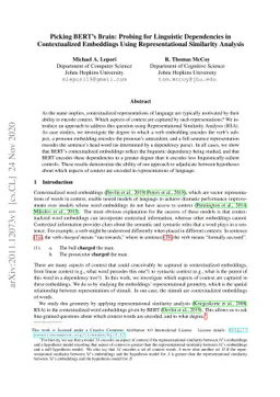 Picking BERT's Brain: Probing for Linguistic Dependencies in
  Contextualized Embeddings Using Representational Similarity Analysis