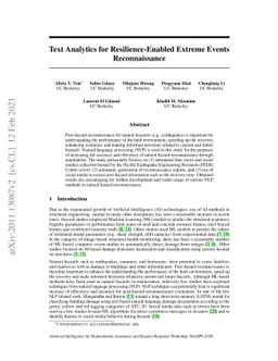 Text Analytics for Resilience-Enabled Extreme Events Reconnaissance