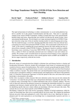 Two Stage Transformer Model for COVID-19 Fake News Detection and Fact
  Checking