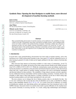 Synthetic Data: Opening the data floodgates to enable faster, more
  directed development of machine learning methods