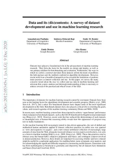 Data and its (dis)contents: A survey of dataset development and use in
  machine learning research