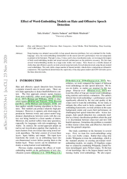 Effect of Word Embedding Models on Hate and Offensive Speech Detection