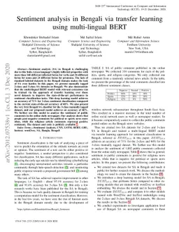 Sentiment analysis in Bengali via transfer learning using multi-lingual
  BERT