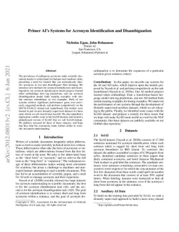 Primer AI's Systems for Acronym Identification and Disambiguation