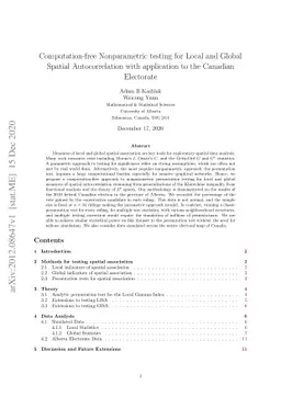 Computation-free Nonparametric testing for Local and Global Spatial
  Autocorrelation with application to the Canadian Electorate