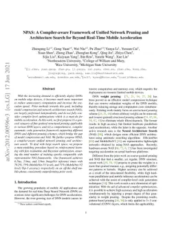 NPAS: A Compiler-aware Framework of Unified Network Pruning and
  Architecture Search for Beyond Real-Time Mobile Acceleration