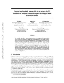 Capturing implicit hierarchical structure in 3D biomedical images with
  self-supervised hyperbolic representations